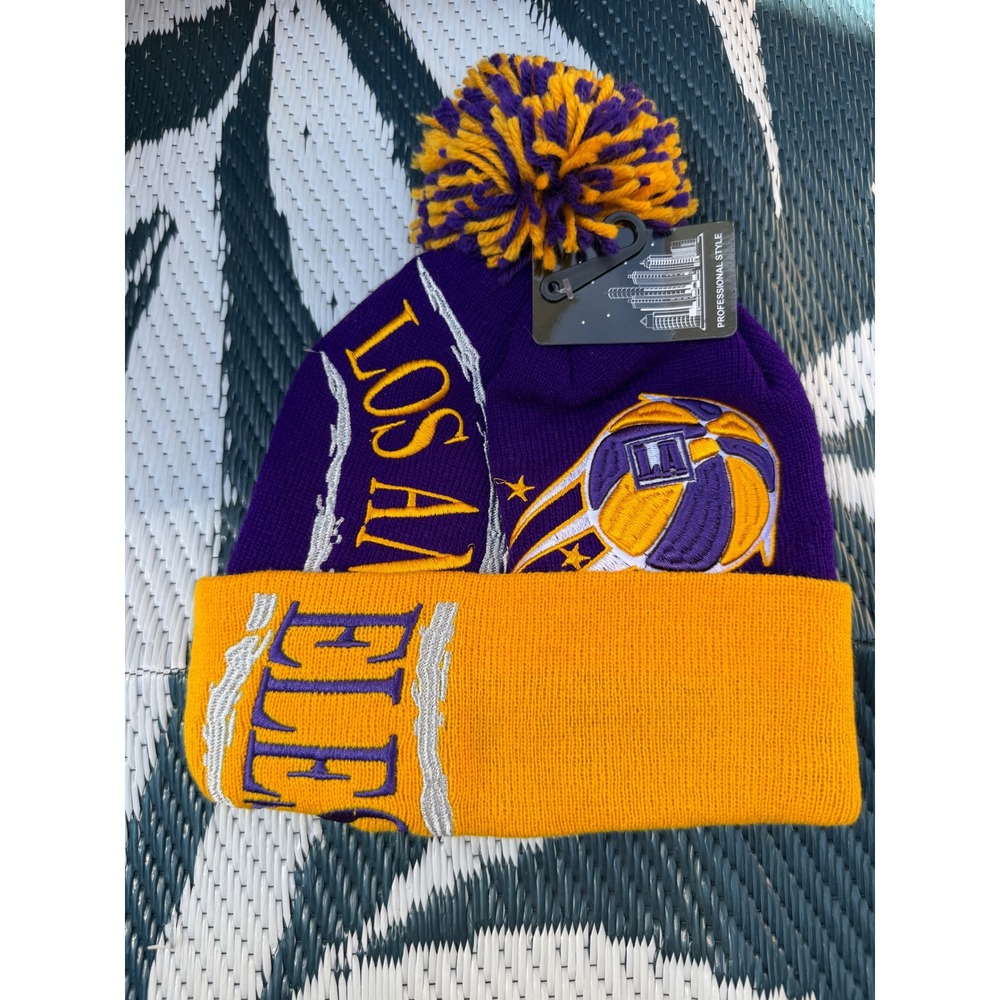 Los Angeles Basketball Beanie Purple Gold Pom Cuffed Knit Hat Professional Style